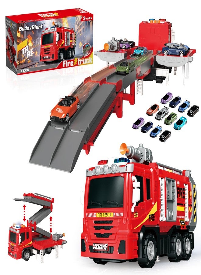 BuddyBight 3in1 Fire Trucks Toys for Toddlers Ages 3-5, Carrier Toy Truck & Foldable Race Track, 12 Die Cast Cars Firetruck Toys for Toddlers 1-3 3-5 w/Light & Sound, Kids' Play Cars & Race Cars for Boys Girls - Image 1